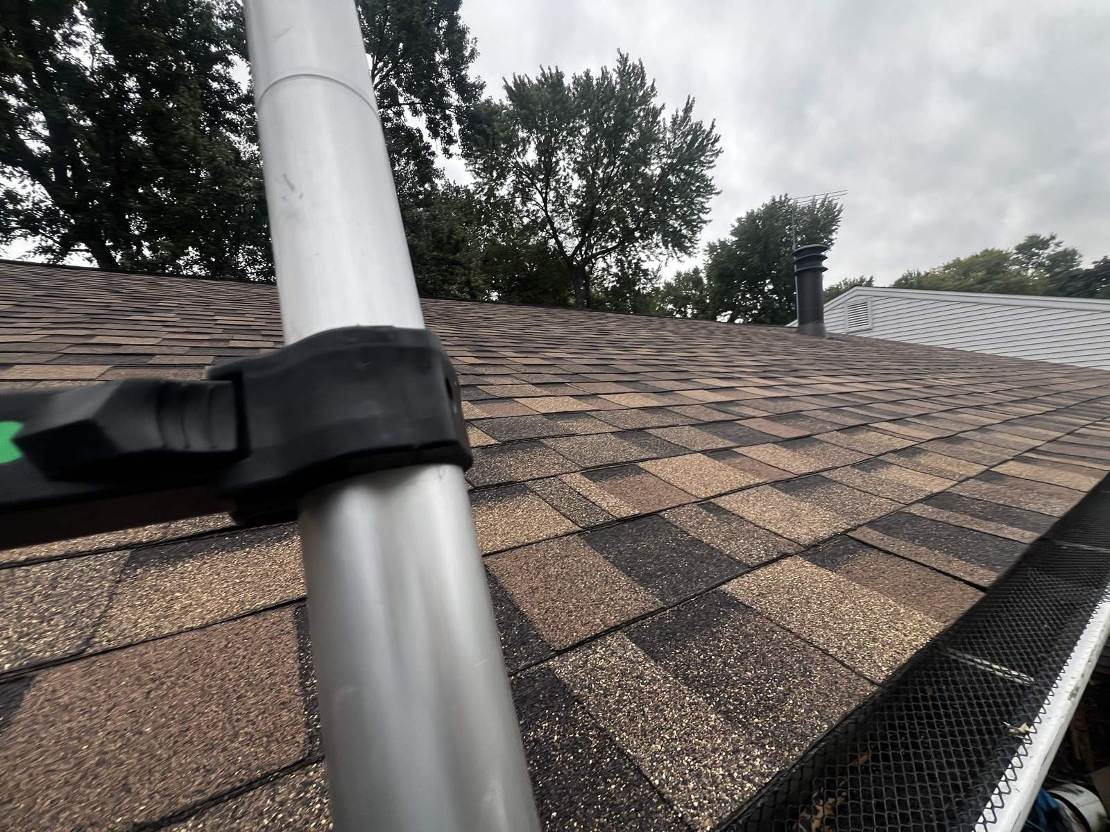 A ladder rail with a black standoff bracket leaning against a weathered brown shingle roof that has lost granules in patches, with a black mesh gutter guard visible along the eave at the bottom right holding caught leaf litter